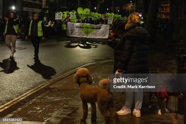 Woman with two dogs observes members of the Grenfell community and supporters taking part in the Grenfell Silent Walk around West Kensington on 14th...