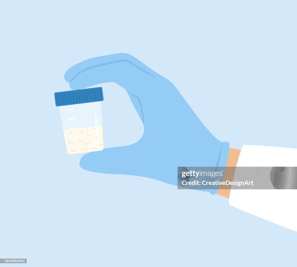 Gloved Hand Holding Plastic Container With Sperm Sample. Sperm Analysis, Male Fertility And Sperm Donation