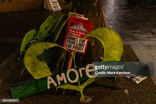 Handmade Grenfell hearts are pictured leaning against a tree following the Grenfell Silent Walk by members of the Grenfell community and supporters...