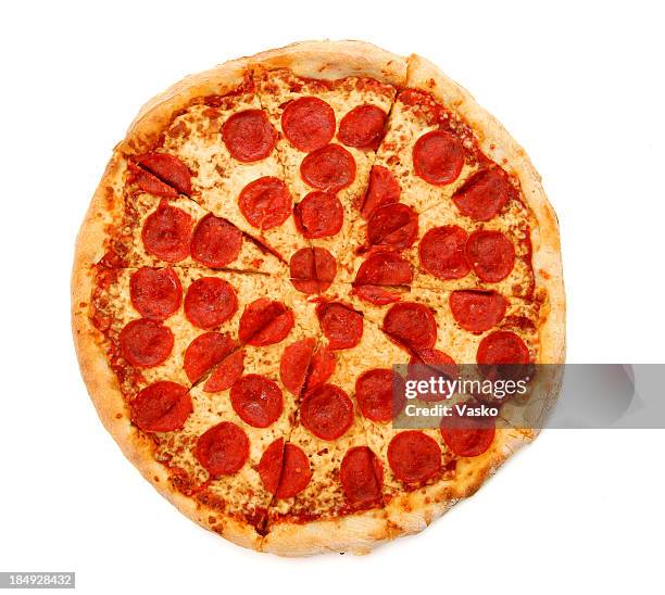 pizza from the top - pepperoni & cheese - pepperoni pizza stock pictures, royalty-free photos & images