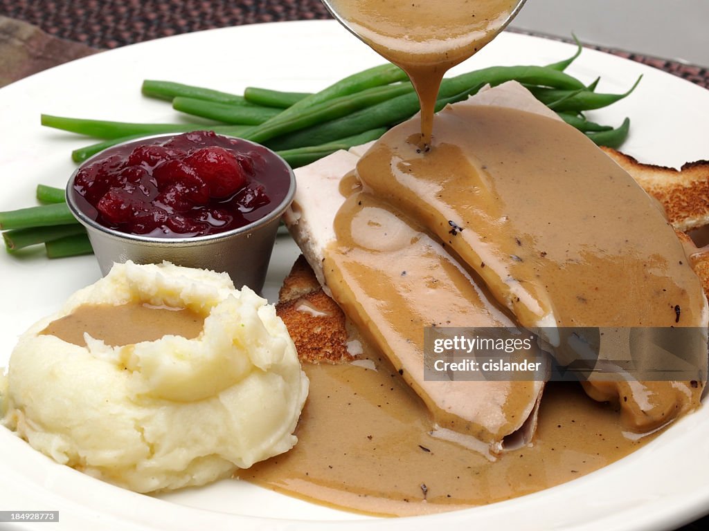 Plate of turkey with gravy, mashed potatoes and green beans