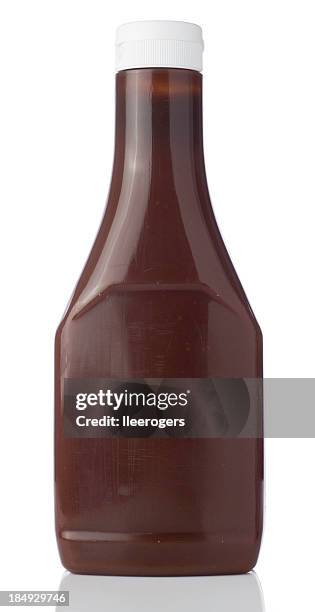blank bottle containing a brown liquid with a squirt top lid - brown sauce stock pictures, royalty-free photos & images