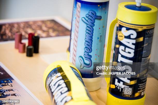 Illustration picture shows nitrous oxide gas cylinders ahead of a press moment explaining a legal measure to combat the possession, transport and...
