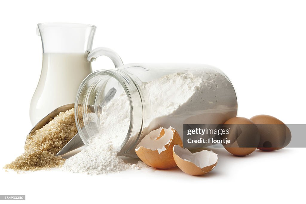 Backen Zutaten: Eier, Mehl, Zucker, Milch