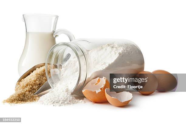 baking ingredients: eggs, sugar, flour and milk - flour stock pictures, royalty-free photos & images