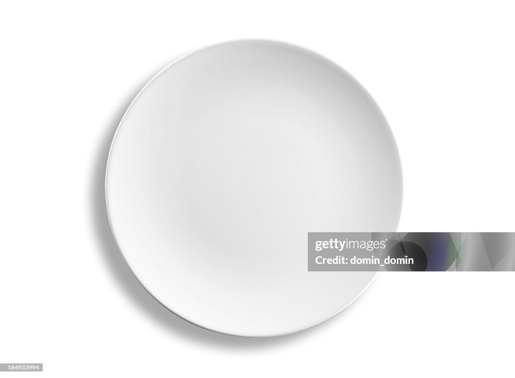 Leere Runde Abendessen Platte isoliert auf weißem Hintergrund, clipping path