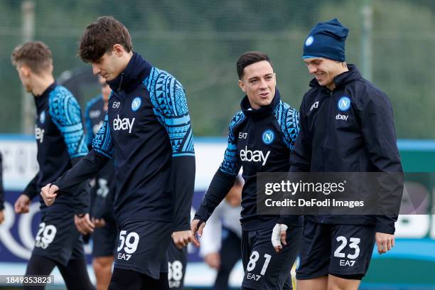 Giacomo Raspadori of SSC Napoli talks to Alessio Zerbin of SSC Napoli during the SSC Napoli Training Session at Konami Training Center on December...