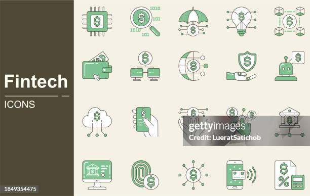 fintech icon set.digital banking, cryptocurrency, mobile payment, regtech, blockchain, robo-advisors, financial technology, accountancy, income tax, tax refunds, report, savings, financial planning - losing control stock illustrations