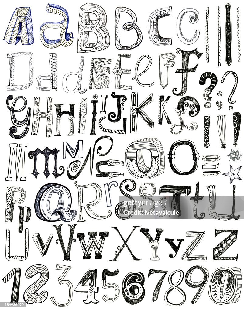 Decorative hand drawn letters and numbers isolated on white