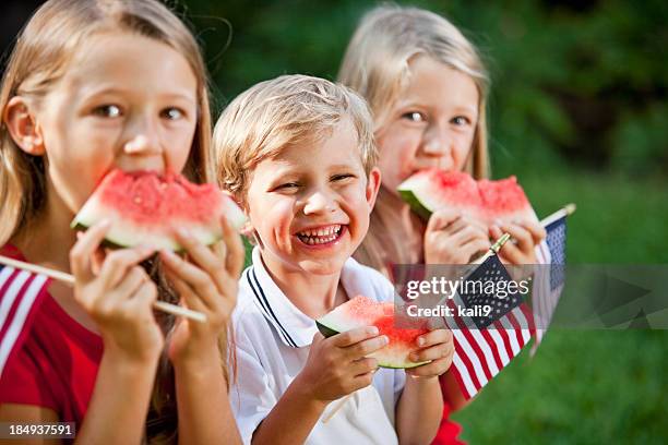 children at fourth of july or memorial day picnic - watermelon picnic stock pictures, royalty-free photos & images