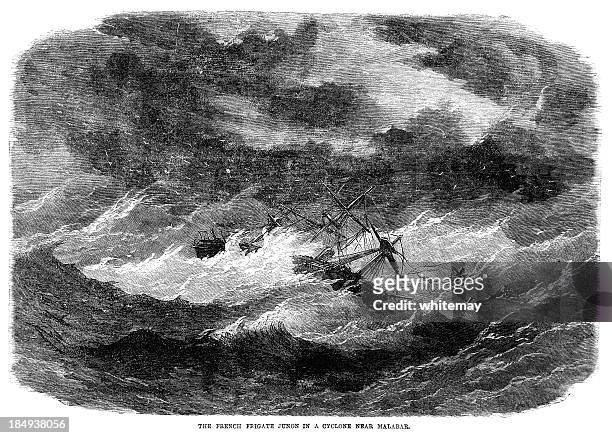 french frigate 'junon' in cyclone near malabar (1868 engraving it) - 1868 stock illustrations