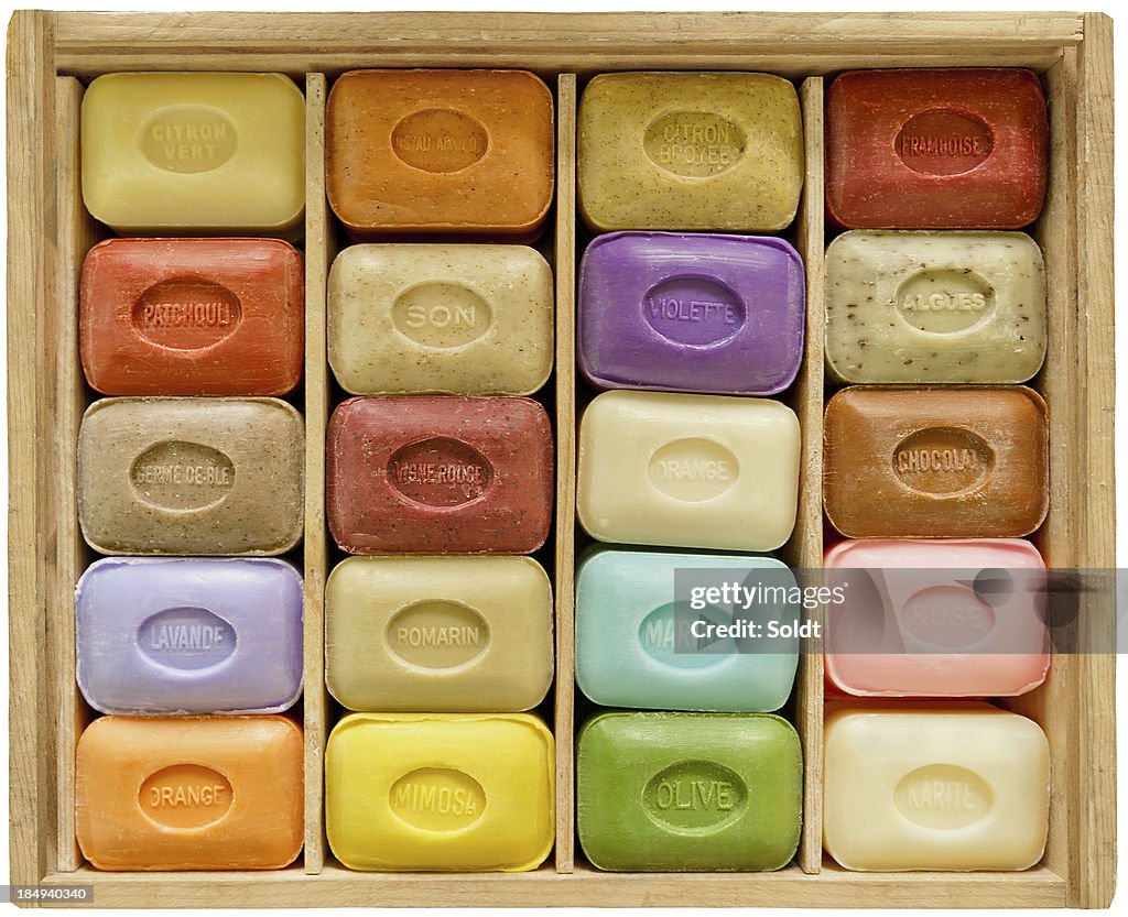 Soapbar collection in wooden box