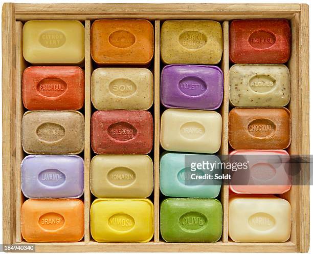 soapbar collection in wooden box - soap bar stock pictures, royalty-free photos & images