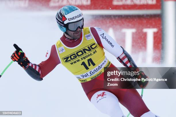 Vincent Kriechmayr of Team Austria celebrates during the Audi FIS Alpine Ski World Cup Men's Super G on December 15, 2023 in Val Gardena, Italy.