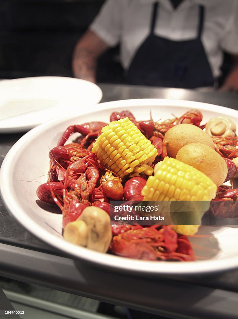 Roasted crawfish with corn on the cob