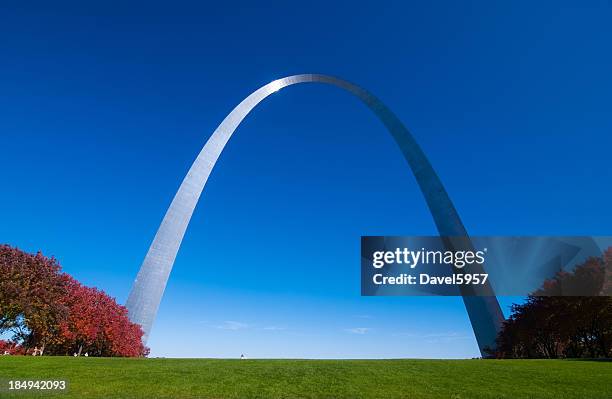 gateway arch front and red trees - gateway arch st louis stockfoto's en -beelden