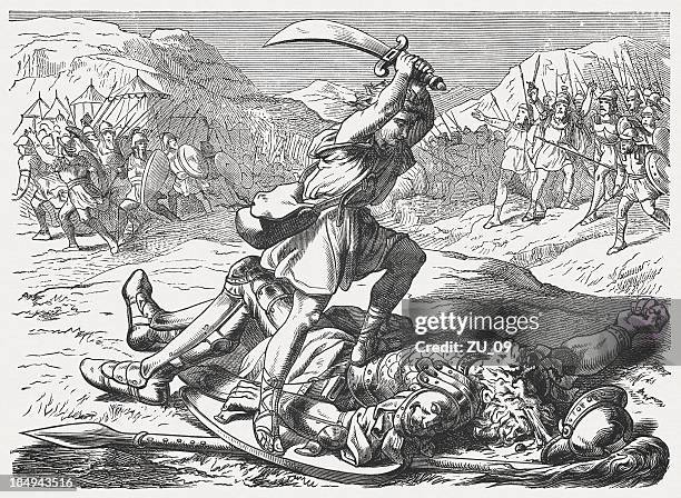 david kills goliath (1 samuel 17), wood engraving, published 1877 - david spears stock illustrations