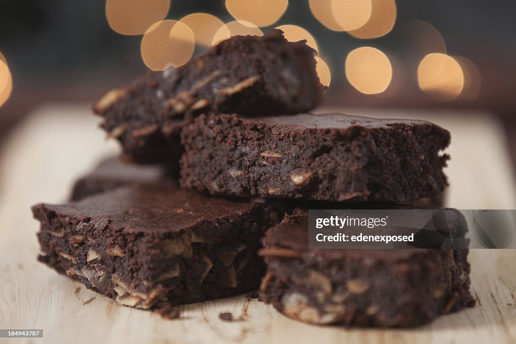 Close-up view of a batch of chocolate brownies
