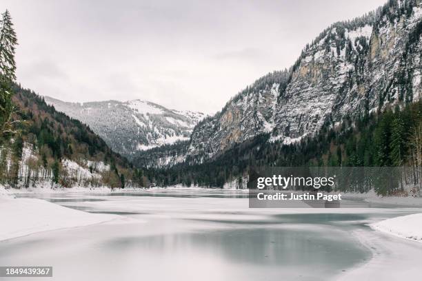 striking landscape shot of lac de montriond in the french alps on a cold winter's day - französische alpen stock-fotos und bilder