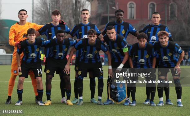 Internazionale team line up during the UEFA Youth League match between FC Internazionale U19 and Real Sociedad at Konami Youth Development Center on...