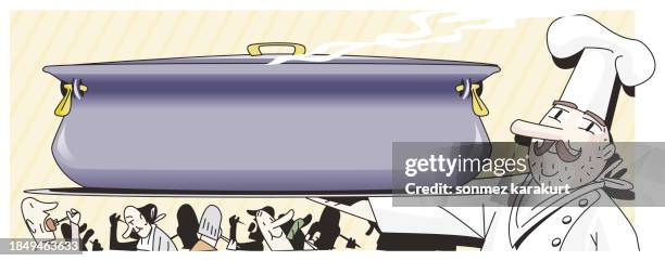 cute cook carrying giant pots - large dinner party stock illustrations
