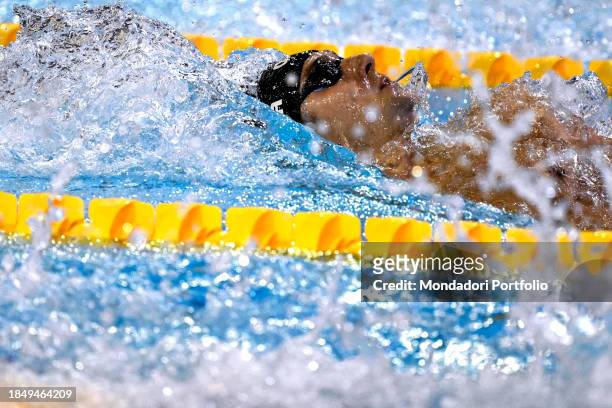 Lorenzo Mora of Italy competes in the 200m Backstroke Men Final during the European Short Course Swimming Championships at Complex Olimpic de Nataie...