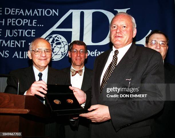 German President Roman Herzog receives the 1997 Joseph Prize for Human Rights from Burton Joseph , Anti-Defamation League Honorary National Chair, 15...