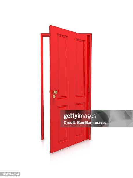 open red door on white background - the doors stock pictures, royalty-free photos & images