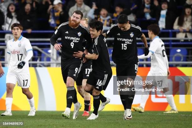 Martin Adam of Ulsan Hyundai celebrates after a penalty to score the team's second goal during the AFC Champions League Group I match between Ulsan...