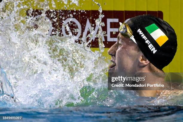 Daniel Wiffen of Ireland celebrates after winning the gold medal in the 800m Freestyle Men Final with a new world record during the European Short...