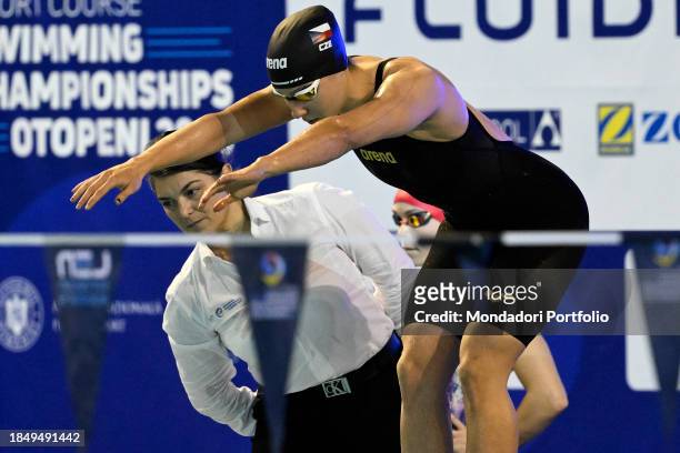 Daryna Nabojcenko of Czechia competes in the 4x50m Medley Relay Mixed Final during the European Short Course Swimming Championships at Complex...