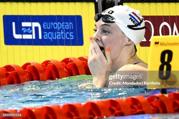 Tessa Giele of Netherlands celebrates after winning the gold medal in the 50m Butterfly Women Final during the European Short Course Swimming...