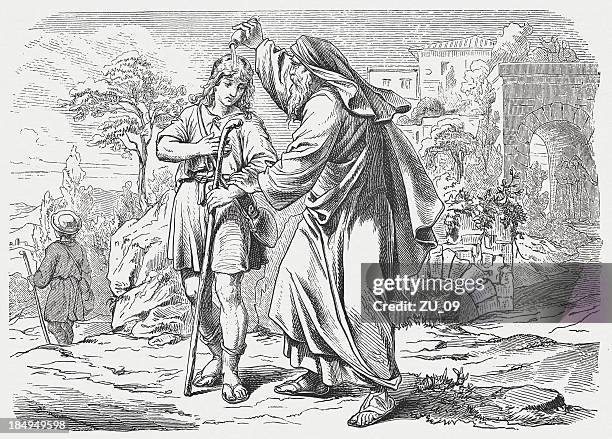 samuel anoints saul (1 samuel 10, 1), published in 1877 - anointing oil stock illustrations