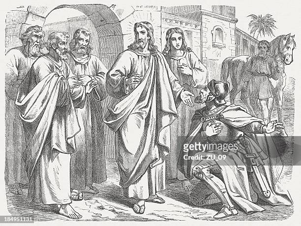 stockillustraties, clipart, cartoons en iconen met healing the centurion’s servant (matthew 8), wood engraving, published 1877 - hap eruit