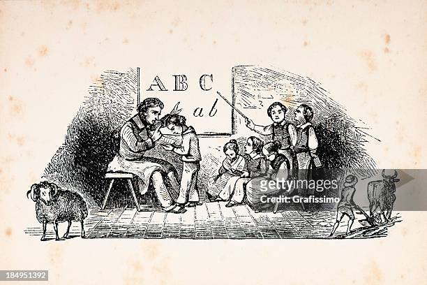 illustrations, cliparts, dessins animés et icônes de gravure de l'école enseignant et des élèves en salle de classe en 1853 - enfant vintage ecole