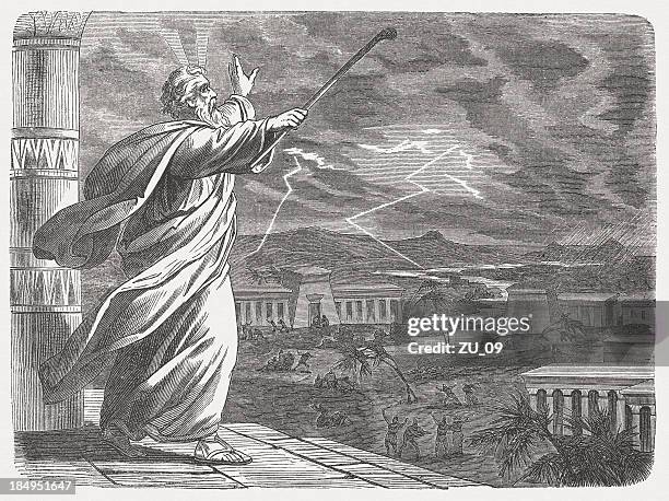 moses and the seventh blow (exodus 9, 22-26), published 1877 - air raid stock illustrations