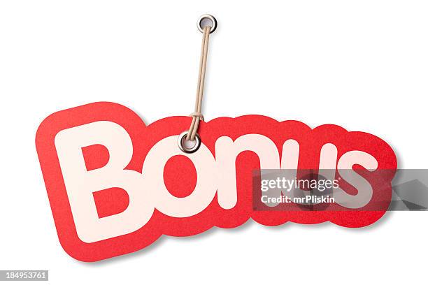 bonus shaped label on price tag - bonus pay stock pictures, royalty-free photos & images
