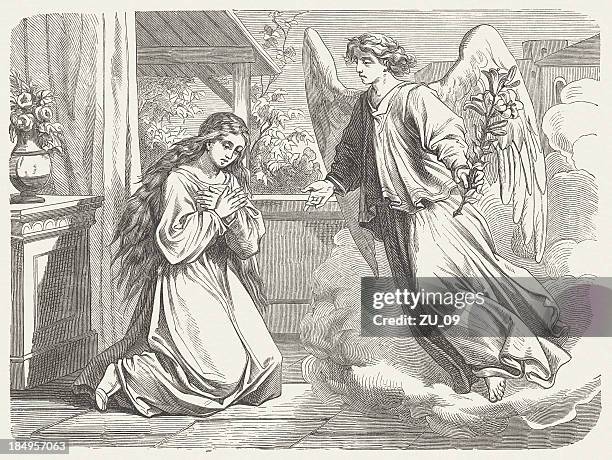 annunciation to mary (luke 1, 26-38), wood engraving, published 1877 - archangel stock illustrations