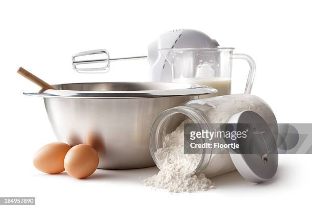 baking ingredients: bowl, electric mixer, eggs and flour - measuring cup stock pictures, royalty-free photos & images