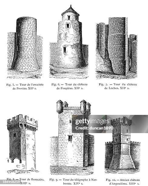 ilustrações, clipart, desenhos animados e ícones de torres medievais de ameias - castelo