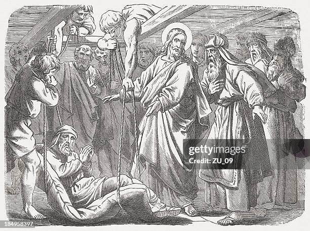 healing and forgiving a paralytic (mark 2, 3-5), published 1877 - jesus healing stock illustrations