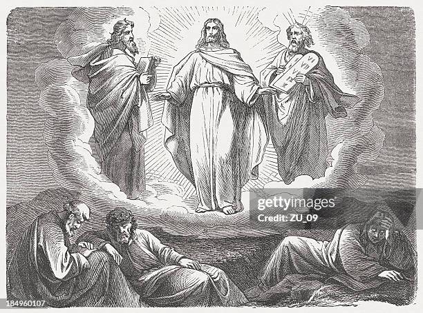 transfiguration of jesus, wood engraving, published in 1877 - following christ stock illustrations