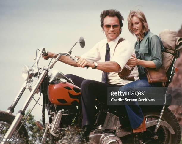 Clint Eastwood and Sondra Locke on motorcycle chopper from the 1977 thriller 'The Gauntlet'.