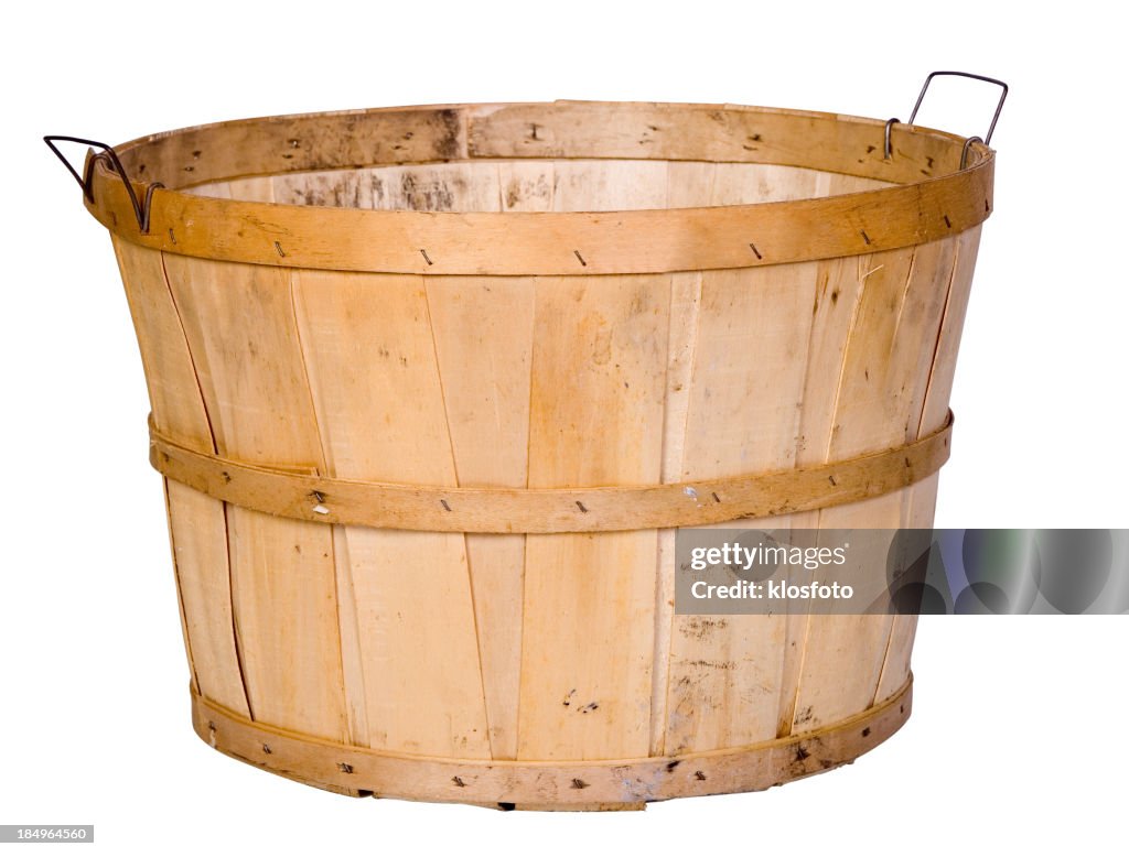 Single empty wooden basket isolated on white