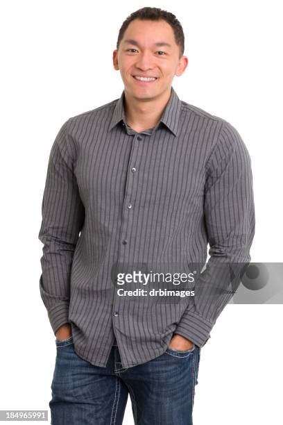 smiling asian man with hands in pockets - pinstripe stock pictures, royalty-free photos & images