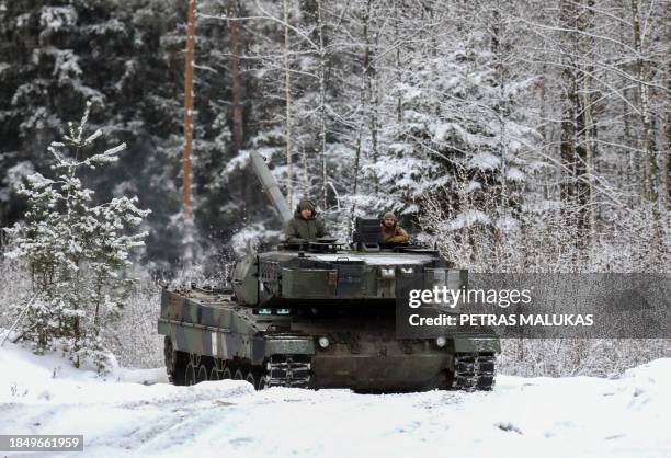 Leopard 2 A5 main battle tank is seen during testing at the Gaiziunai military training area near the Rukla military base, Lithuania on December 15,...