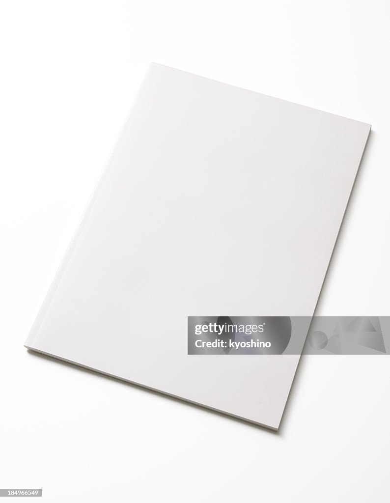Isolated shot of closed blank magazine on white background