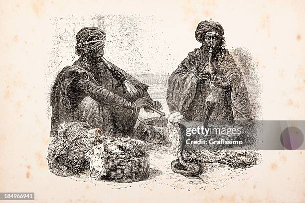 stockillustraties, clipart, cartoons en iconen met engraving snake charmer in india from 1873 - hypnose