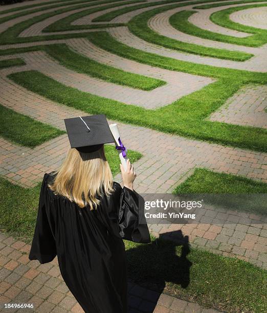 graduaction maze, young woman searching employment, occupation, career opportunity paths - career path stock pictures, royalty-free photos & images