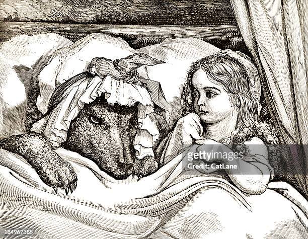 ilustrações, clipart, desenhos animados e ícones de lobo e menina-vitoriana aviso de aço - chapeuzinho vermelho criatura mítica